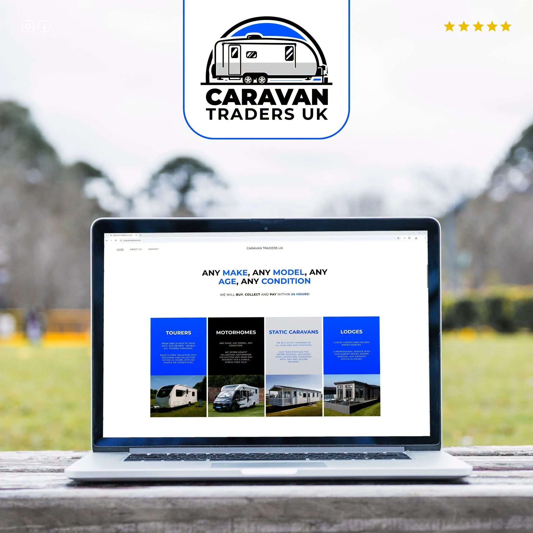 Selling your caravan has never been easier 💻

With just a few clicks, you can get started - no complicated process, no waiting around, just a quick and simple way to get your valuation.

Any make.
Any model.
Any condition.

We&rsquo;ll handle the re