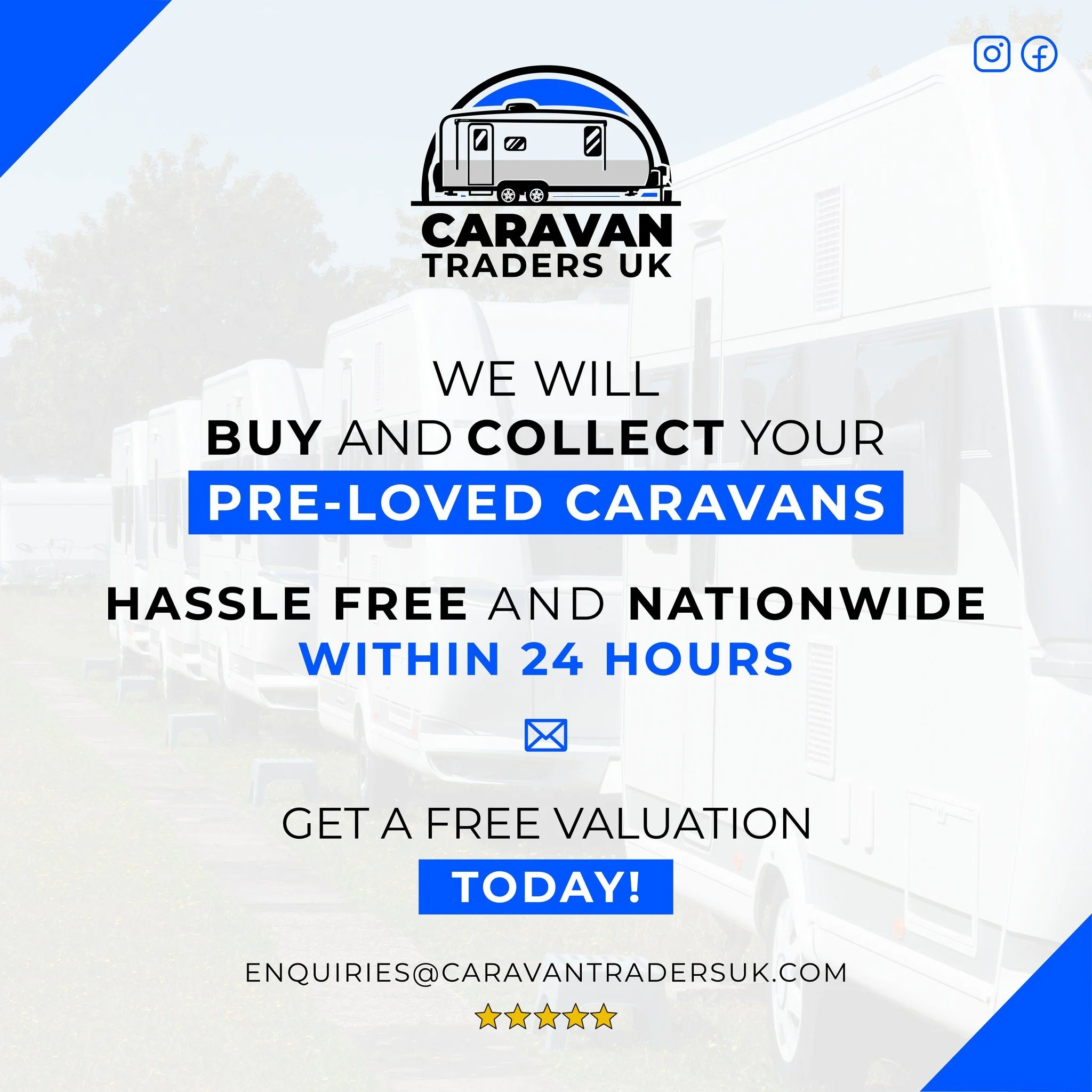 We will BUY and COLLECT your pre-loved caravans ✅

We make the process simple from start to finish. No advertising, no waiting around and no dealing with endless enquiries.

From valuation to collection, we handle it all.

✔️ Free, no-obligation valu
