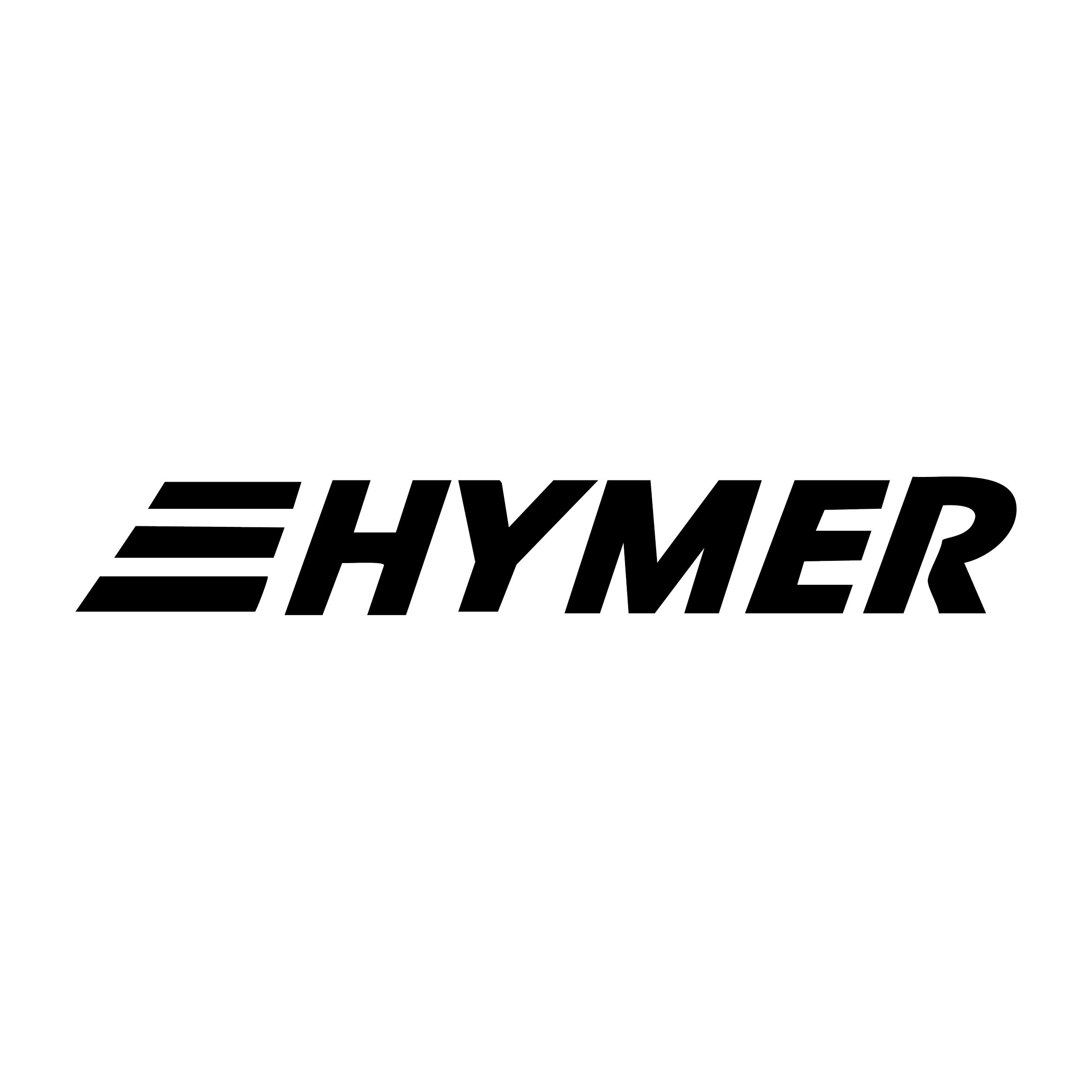 Black background with the word 'HYMER' in a bold, italicized font and a stylized, connected double line design to the left of the text.