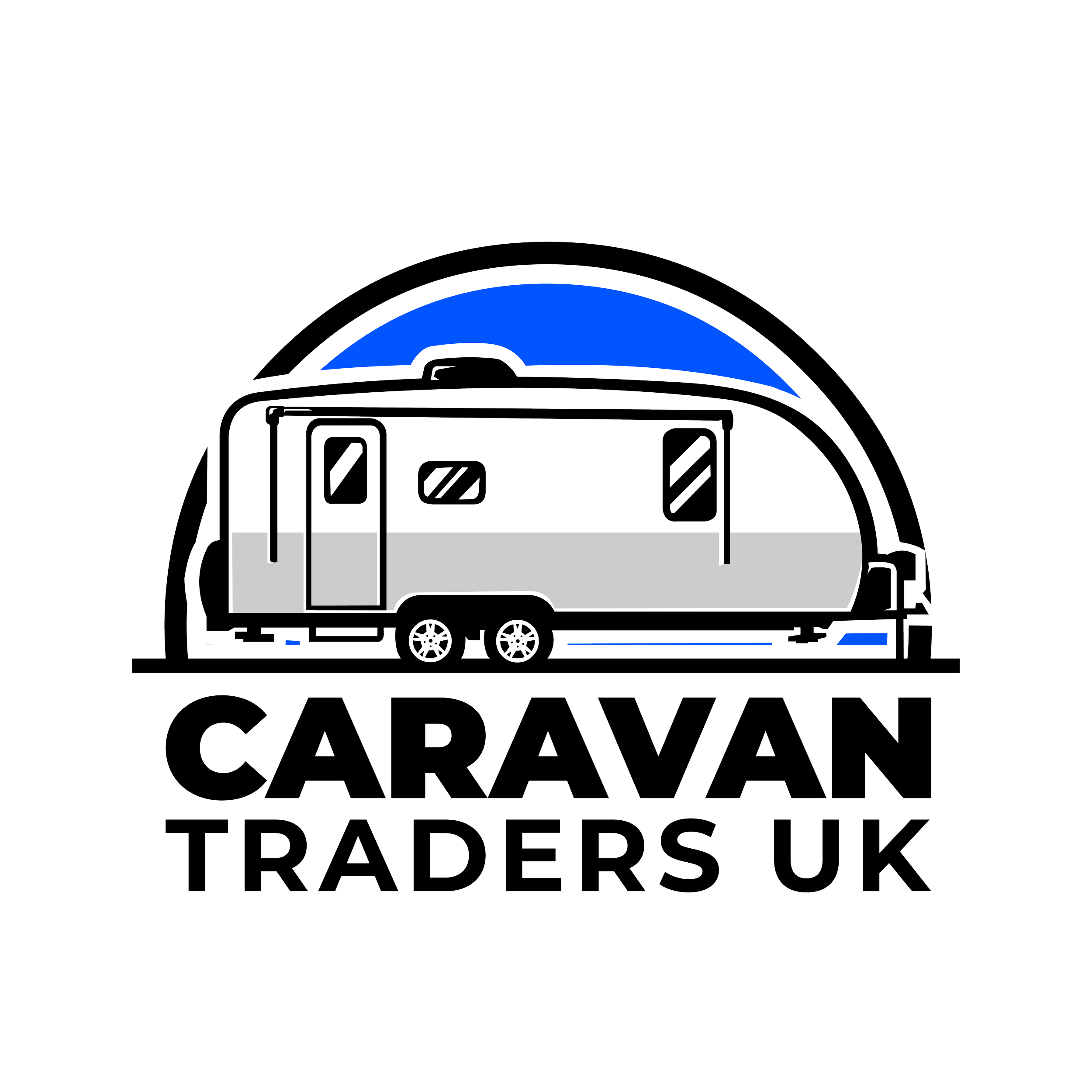 Logo of Caravan Traders UK featuring a stylized outline of a caravan within a semi-circular structure, with the company name beneath.