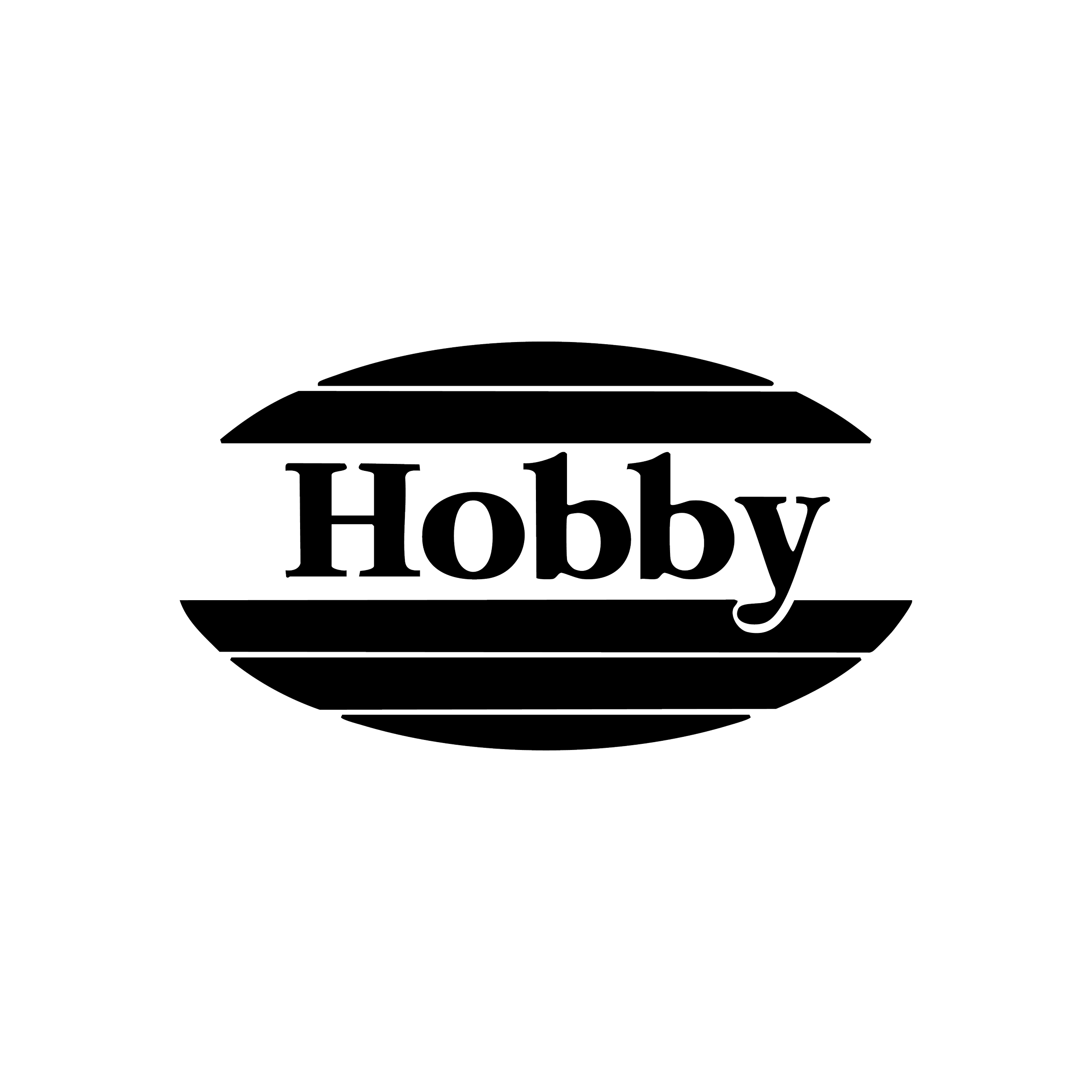 Outline of a logo with the word 'Hobby' inside an oval shape that has horizontal lines above and below.