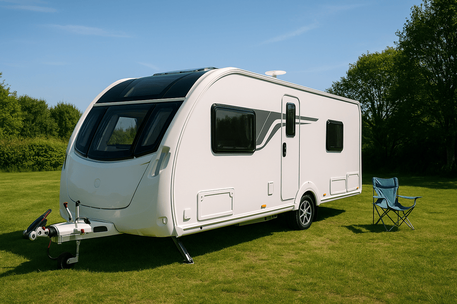 A white travel trailer parked on a grassy field, with a blue camping chair to the right and trees in the background.