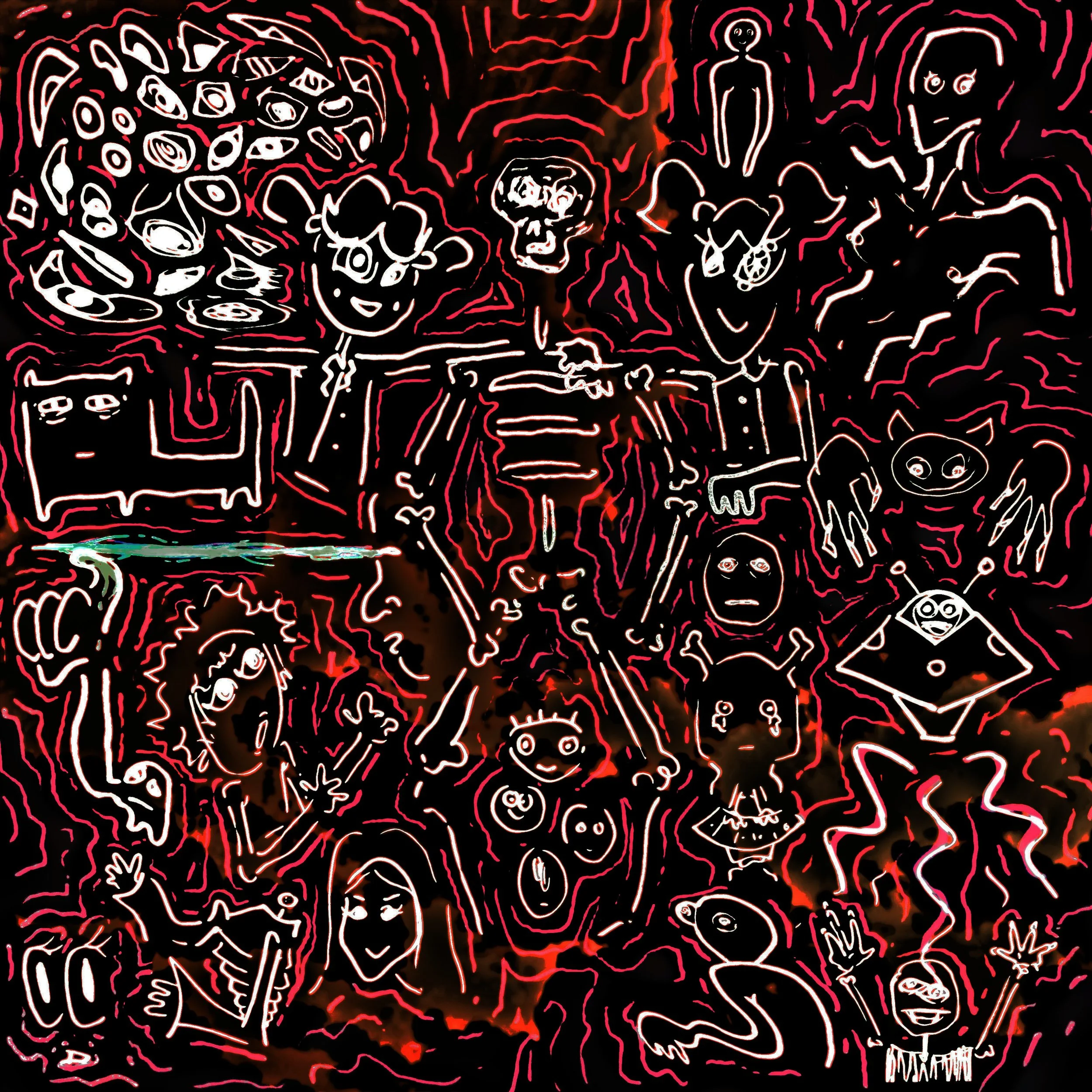 An abstract visual of various characters & creature in front of a blue sky