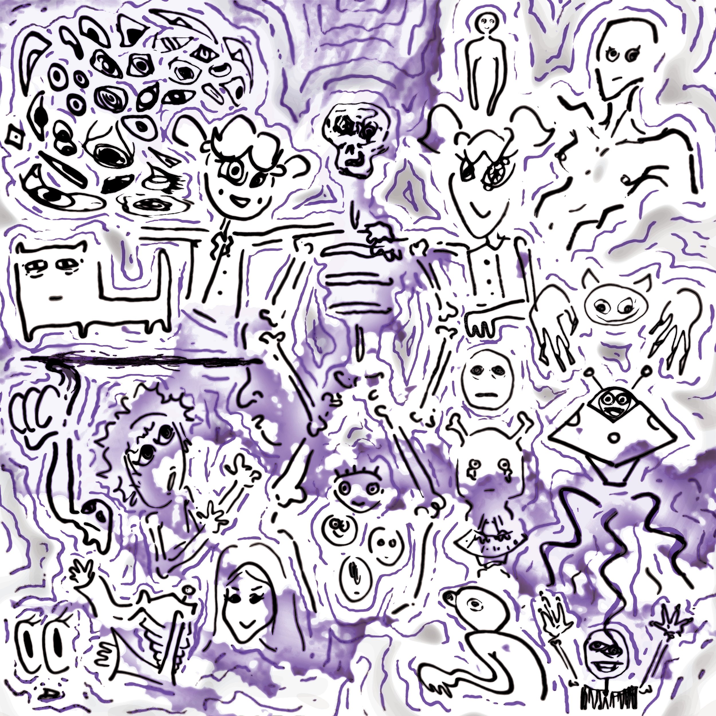 An abstract visual of various characters & creature in front of a purple sky