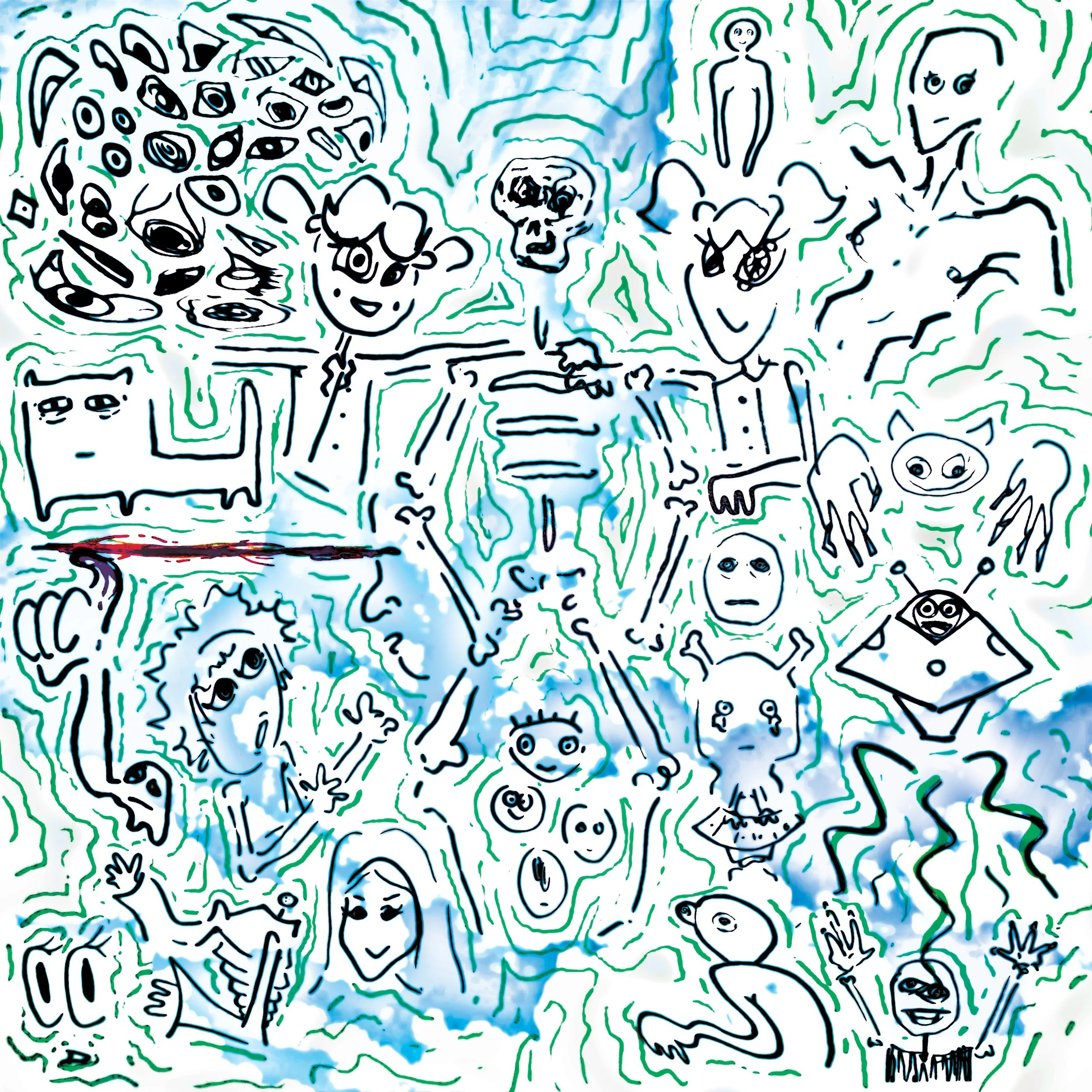 An abstract visual of various characters & creature in front of a blue sky