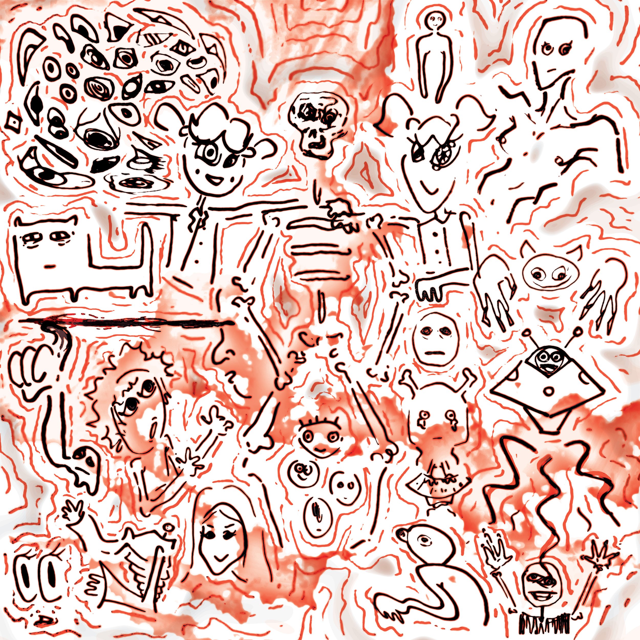 An abstract visual of various characters & creature in front of a orange sky