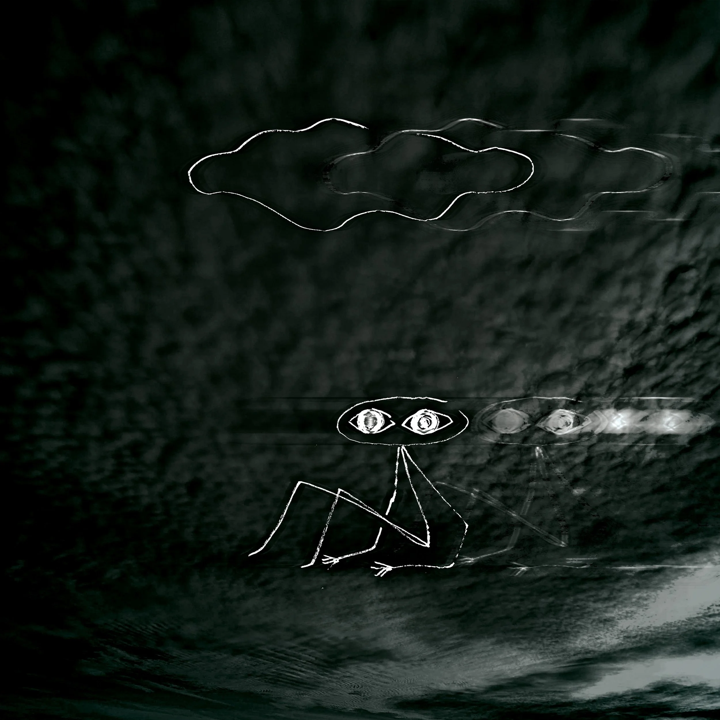 A lonely stick man with huge eyes sitting on the clouds