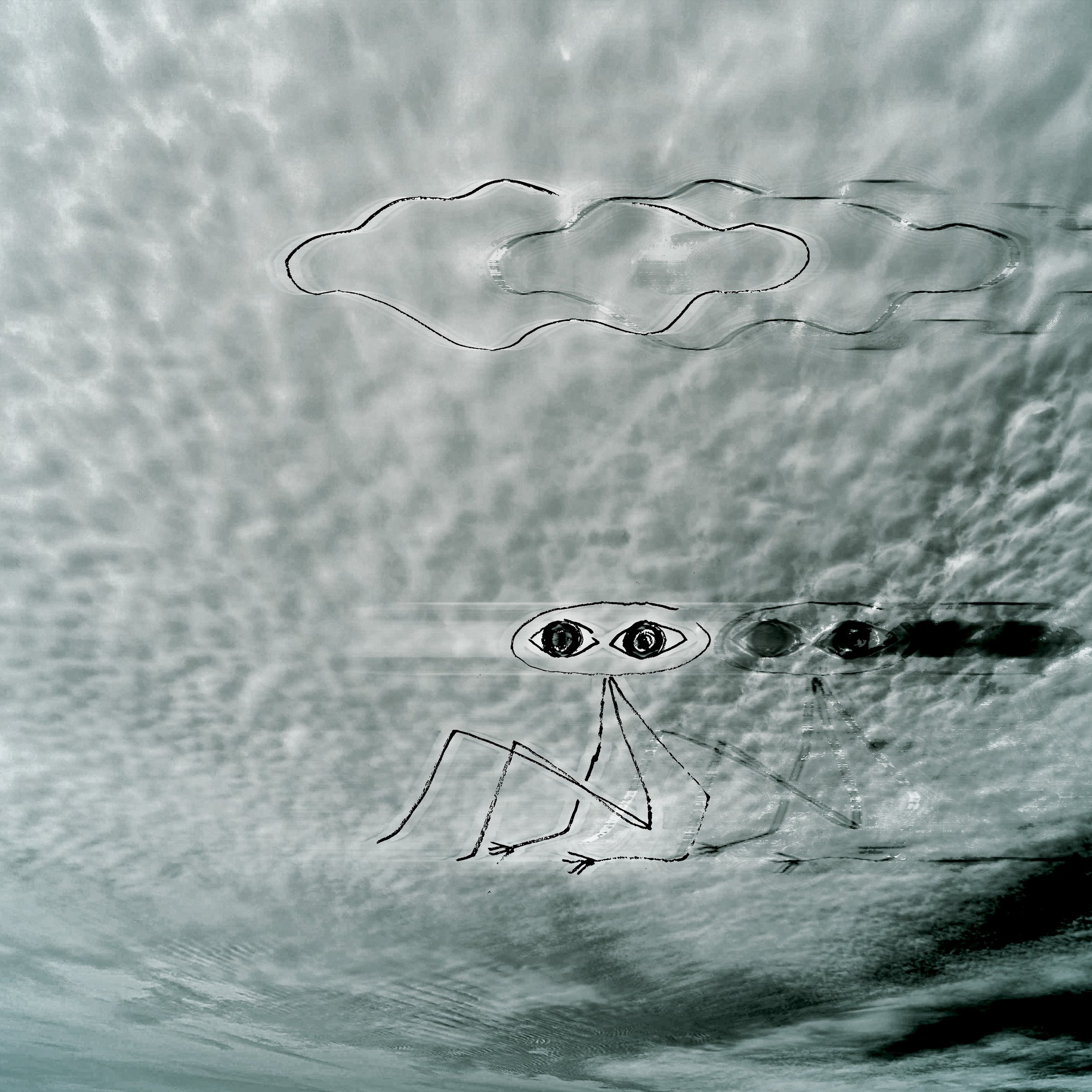 A lonely stick man with huge eyes sitting on the clouds