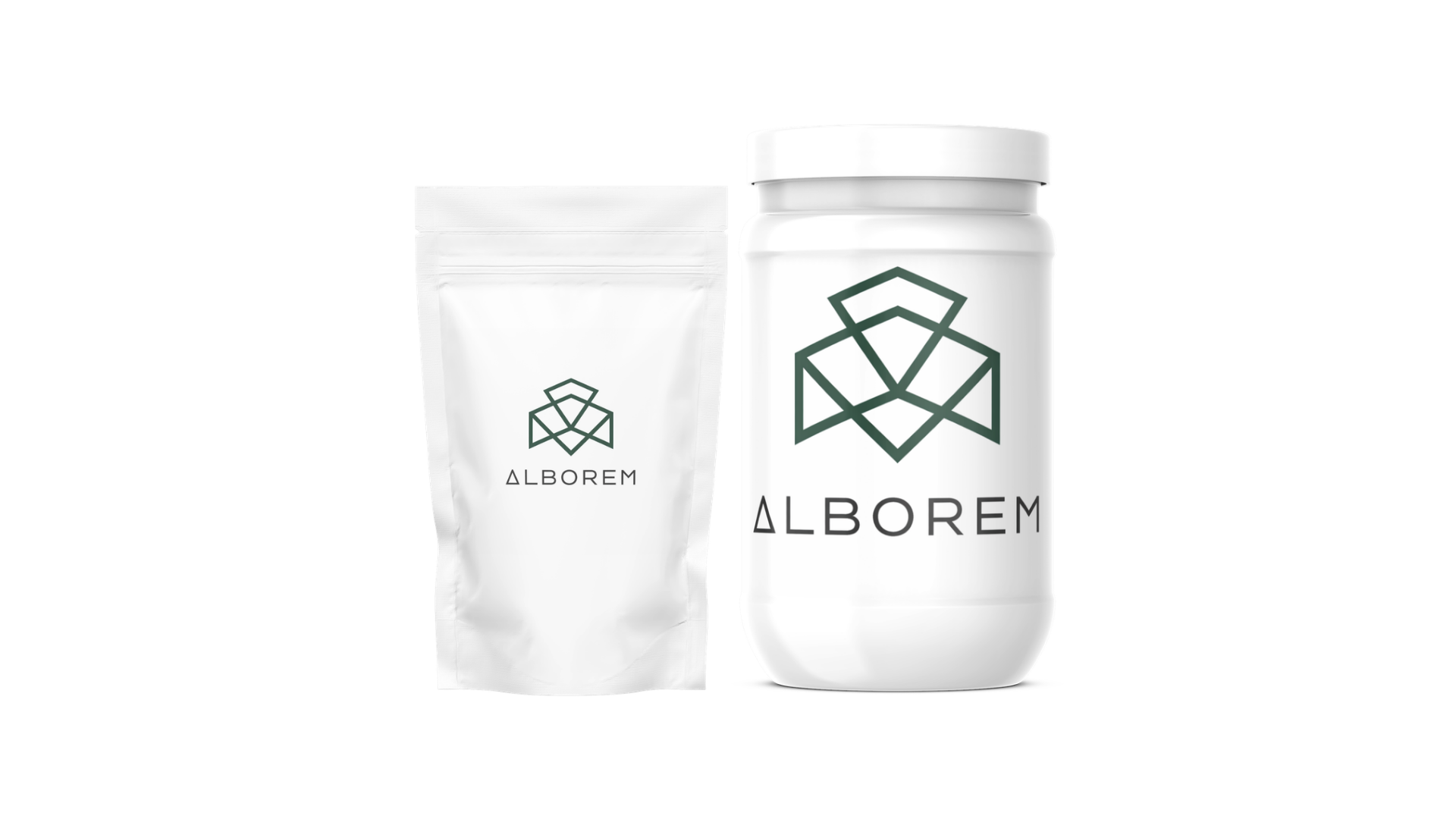 dos envases blancos con logotipo y nombre 'ALBOREM'.