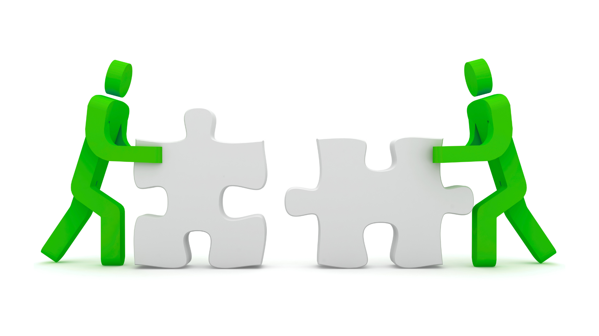 Dos figuras humanas verdes colocando piezas de rompecabezas blancas en un espacio blanco. La imagen simboliza colaboración o trabajo en equipo.