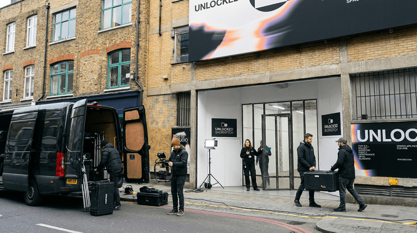 Film crew setting up filming equipment outside a building with a sign that reads 'Unlocked Shorts & Sketch'.