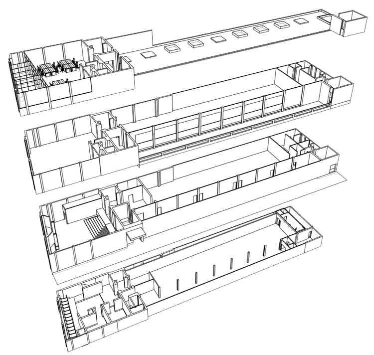 A 3D architectural drawing of a multi-floor building with detailed floor plans for each level, showing rooms, hallways, and structural elements.