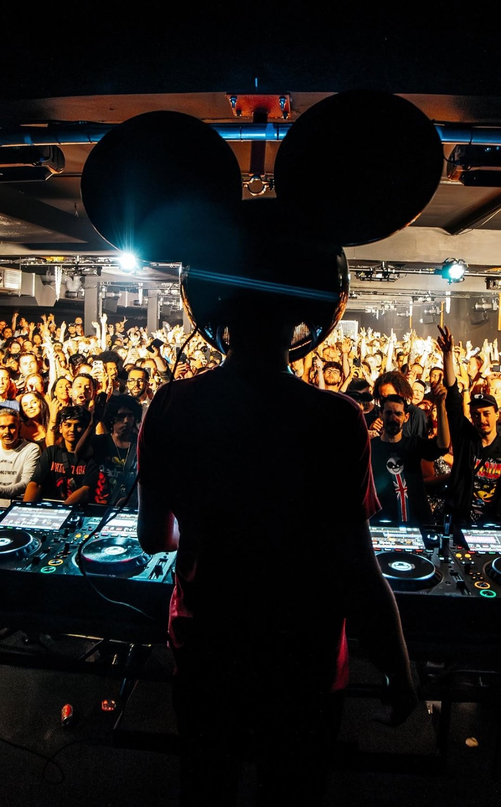A DJ with Mickey Mouse ears performing at a crowded concert or club with people dancing and taking photos.