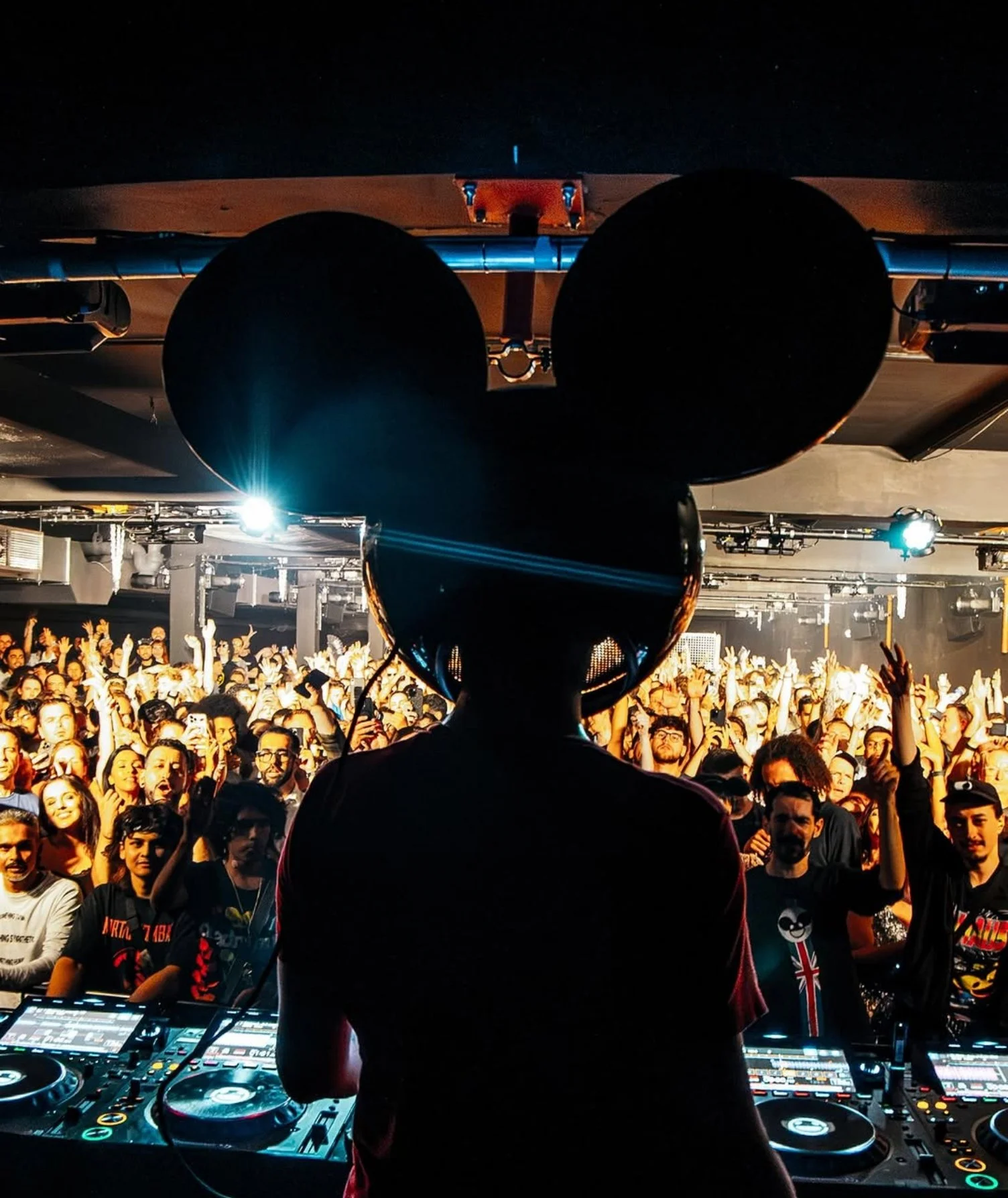 DJ performing at a crowded nightclub or concert with an enthusiastic audience.