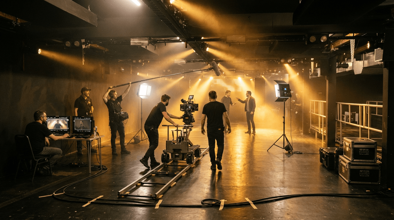 Behind the scenes of a film shoot in a studio with crew operating cameras, lights, and sound equipment as actors rehearse or perform.