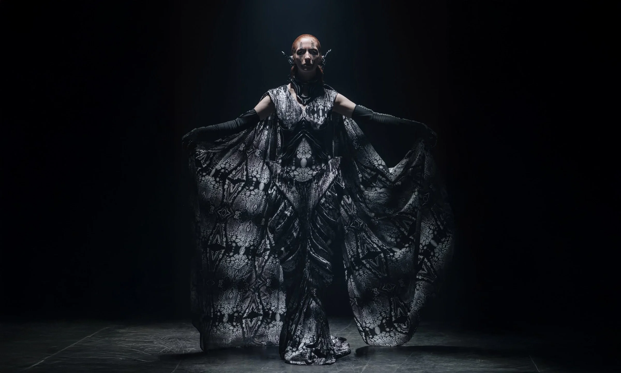 A person in elaborate black and silver costume with flowing fabric, standing with arms extended against a dark background.