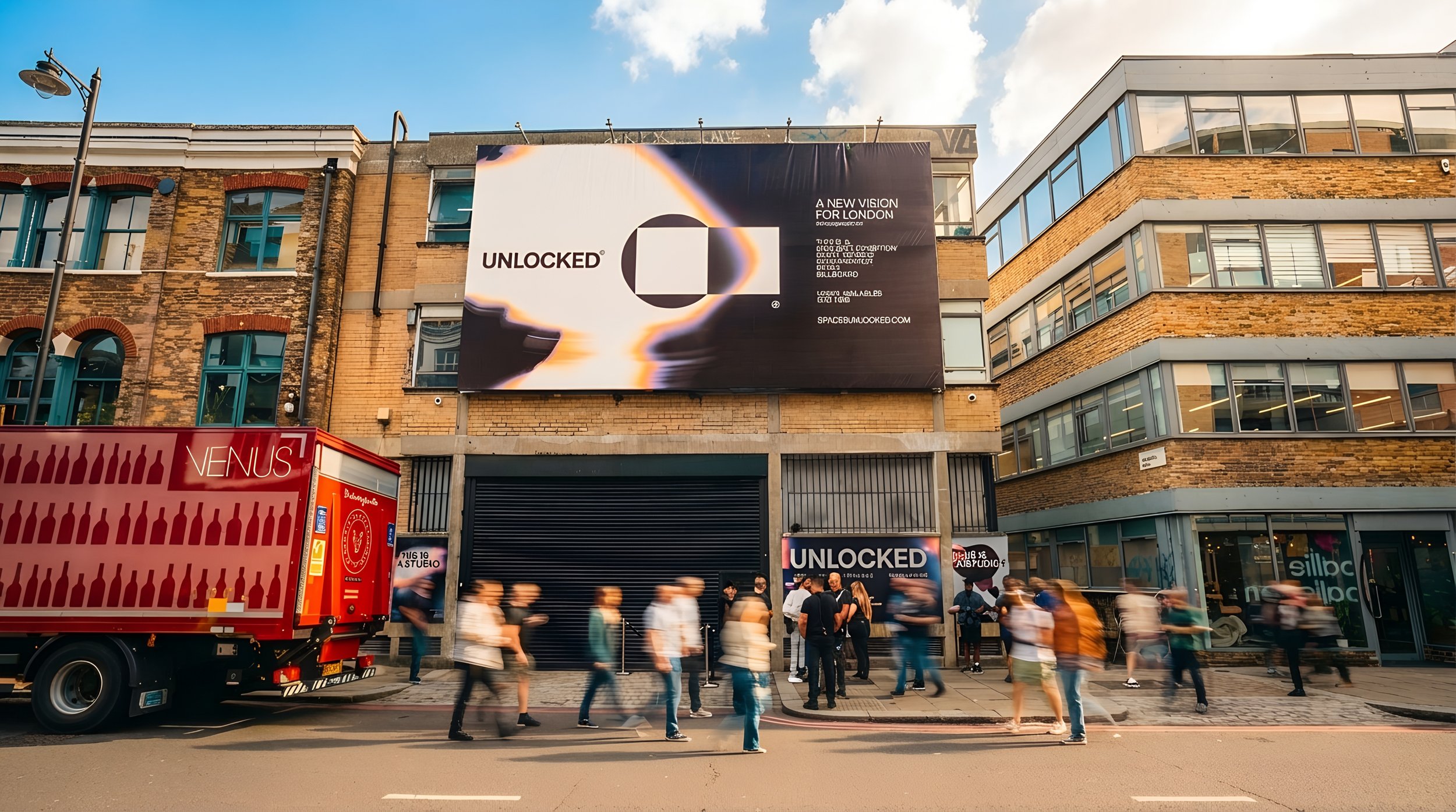 City street scene with a large billboard advertising 'UNLOCKED' and a group of people walking past on the sidewalk. There is a red delivery truck with bottles painted on the side parked in front of the building. The buildings are made of brick and glass, with a partly cloudy sky above.