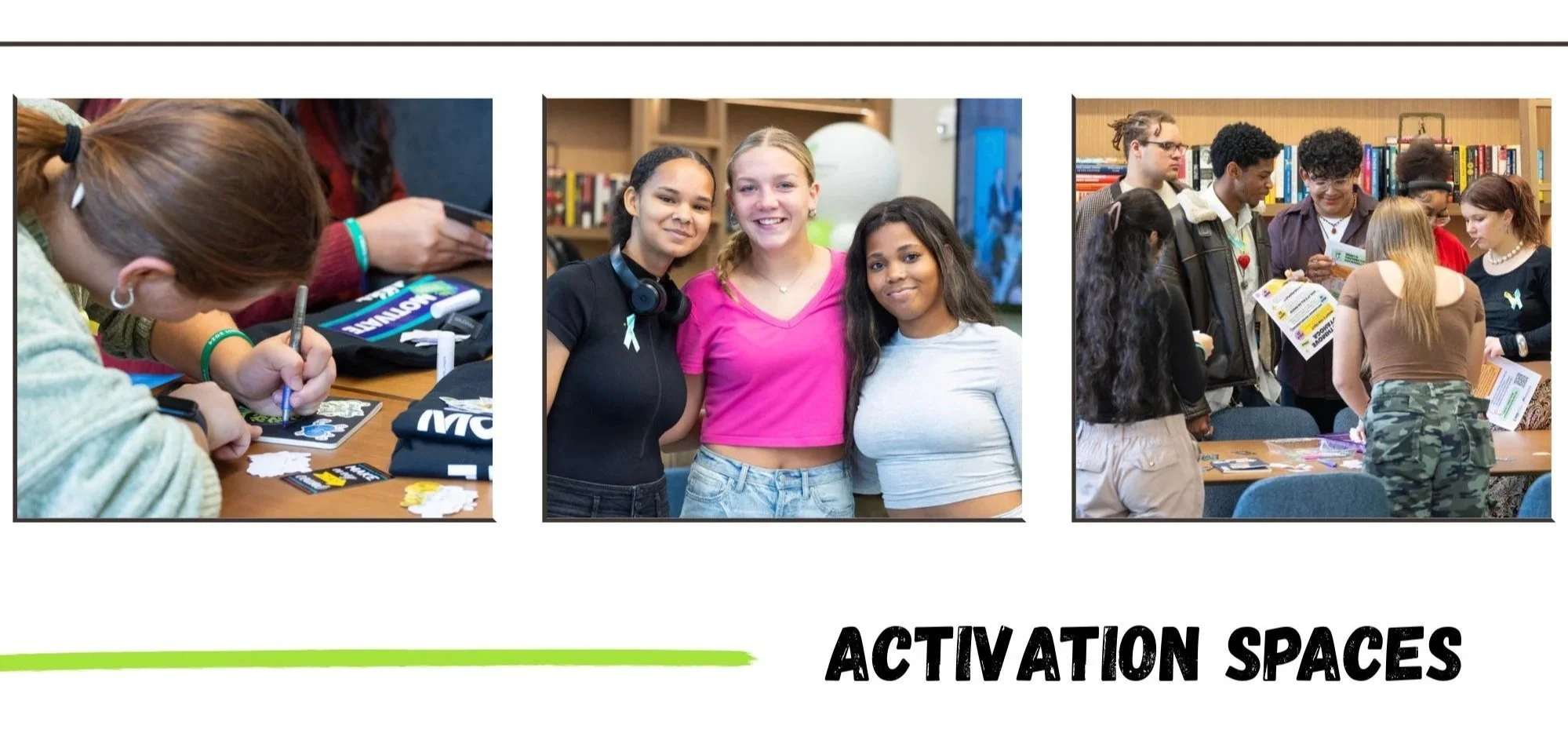 Collage of three photos showing young people engaging in activities at a community event, with the text "Activation Spaces" at the bottom.