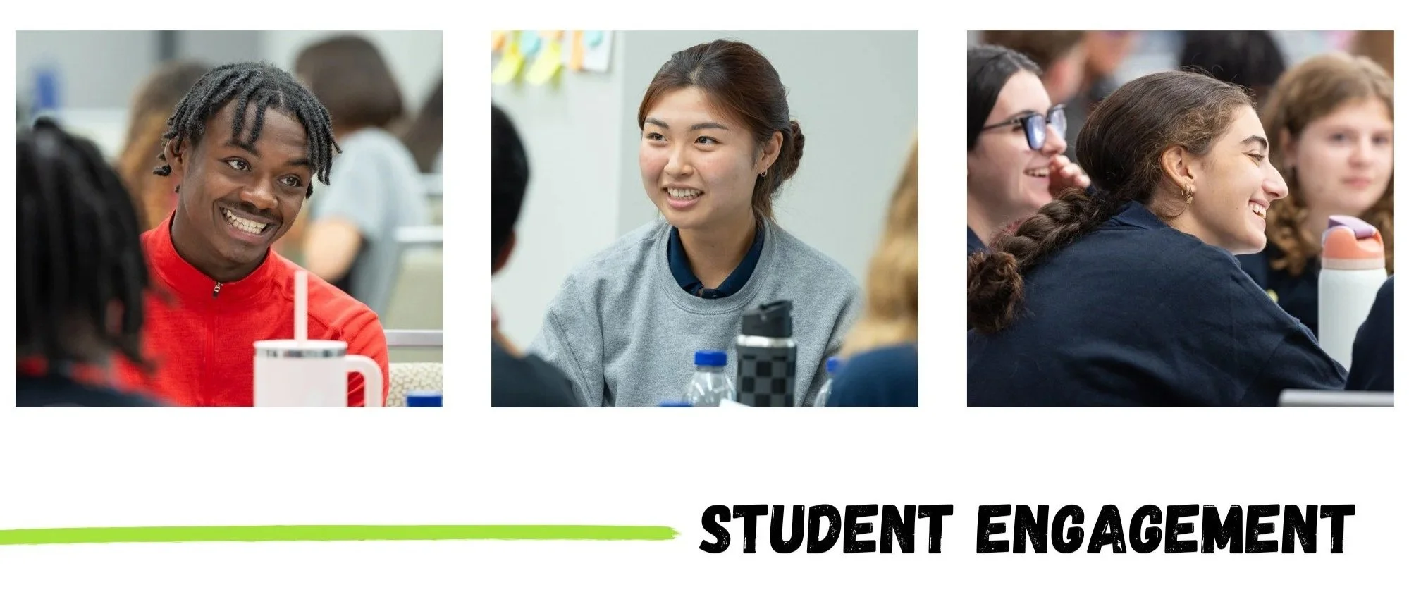 Three photos of diverse students engaged in conversation at a classroom or seminar, with the text "Student Engagement" at the bottom.