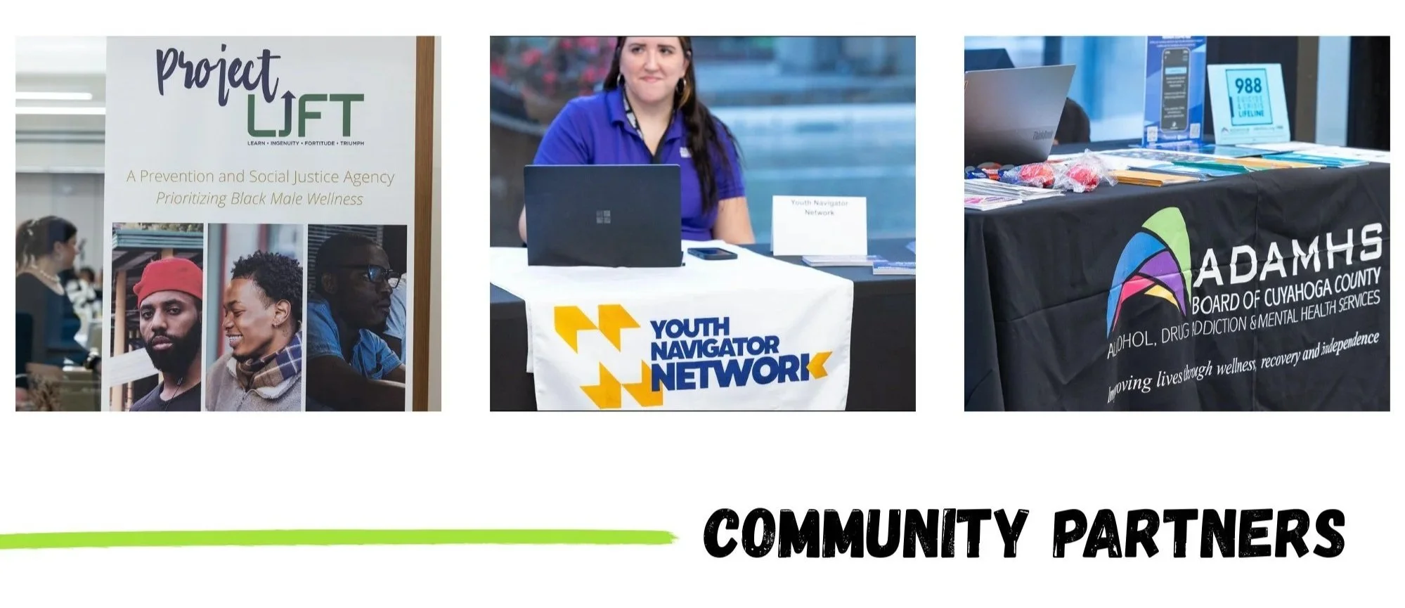 An indoor community event with three displays on tables. The first display shows a poster for Project Lift, focused on Black male wellness. The second table features a Youth Navigator Network sign with a woman seated behind a laptop. The third table 