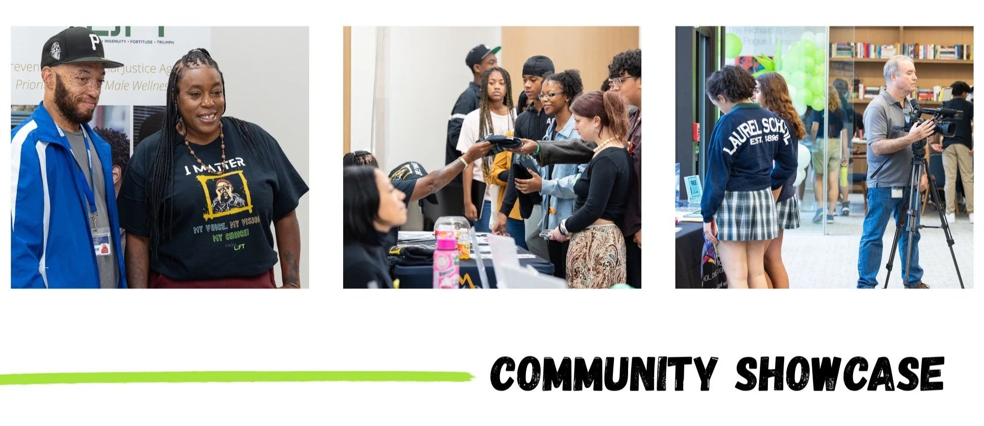 Three photos showing community event activities: the first photo features two people chatting at an indoor community showcase, one wearing a black T-shirt with a graphic and the other in a blue jacket; the second photo shows a group of young people e