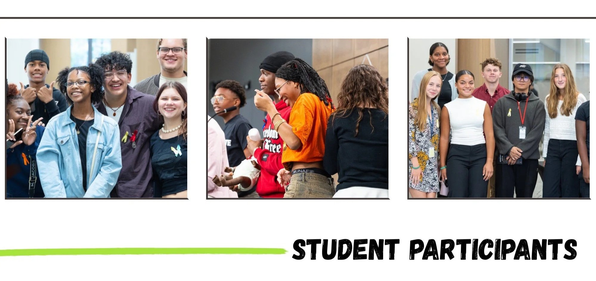Three groups of diverse student participants standing indoors, smiling and engaging in conversation, with the phrase "Student Participants" at the bottom.