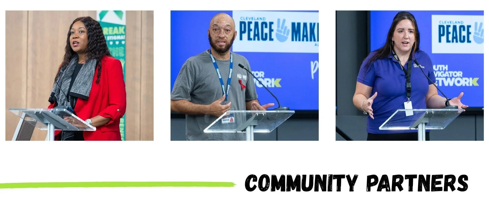 Three community partners speaking at podiums during an event, with a background that reads "Cleveland Peace Maker" and "Youth Navigator Network."