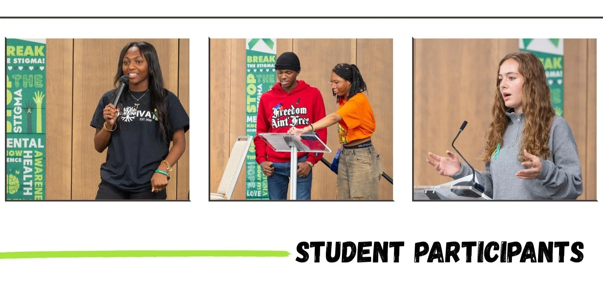 Three student participants speaking and presenting at an event, with posters promoting mental health and breaking stigma in the background.