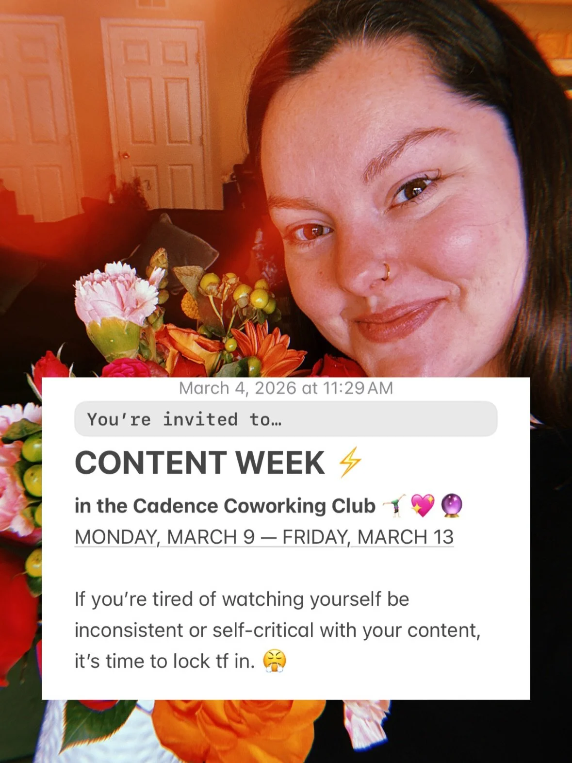 CONTENT WEEKKKKK 🤸🏻&zwj;♀️🥳💖 You want to feel hot and in-demand? Let&rsquo;s get you visible, consistent, and inspired so you become known as the higher standard in your world. 

Join Content Week in the Cadence Coworking Club for $14. Swipe for 