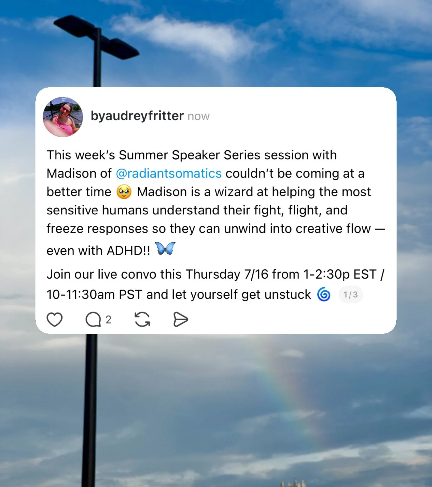 Join Madison @radiantsomatics and me this Thursday for our summer speaker session on Holistic ADHD &amp; Trauma Resolution 🦋

You&rsquo;ll love this convo if you&rsquo;re a sensitive creative bean with a big vision and sometimes debilitating empathy