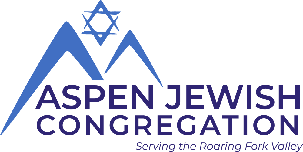 Logo of Aspen Jewish Congregation featuring mountain peaks, a Star of David, and text 'Aspen Jewish Congregation' with the tagline 'Serving the Roaring Fork Valley.'