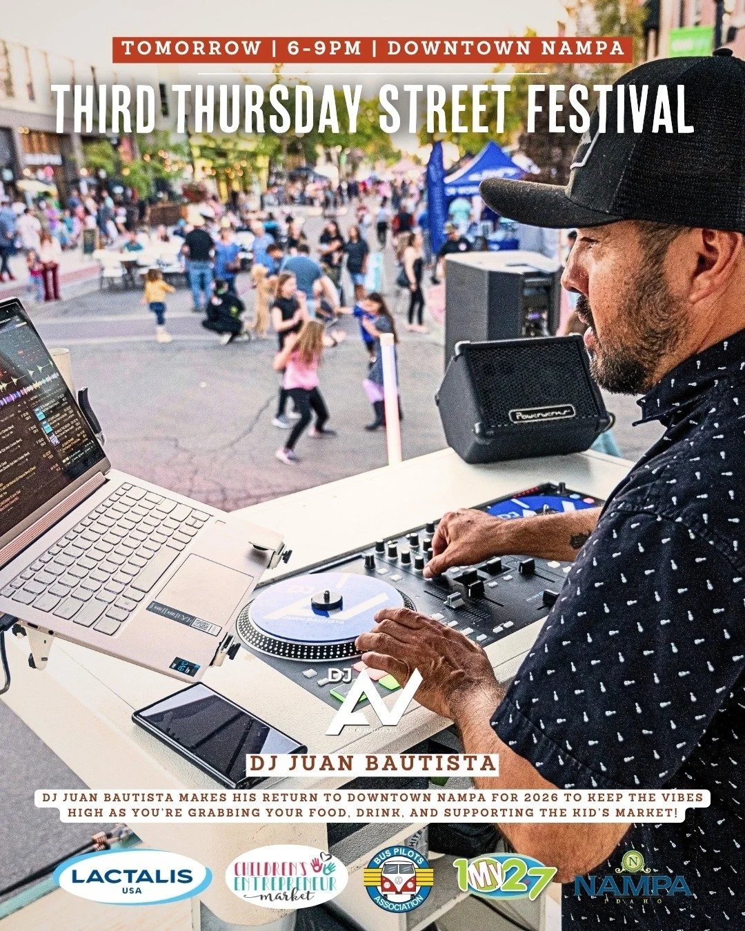 We've got the vibes covered! 💃🏽
-
@dj_av_juan_bautista makes his return to our Third Thursday Street Festival tomorrow to keep the vibes high!! He's there throughout the entirety of the event! 🎉 Don't miss it! It's going to be great!
-
🎉 Third Th
