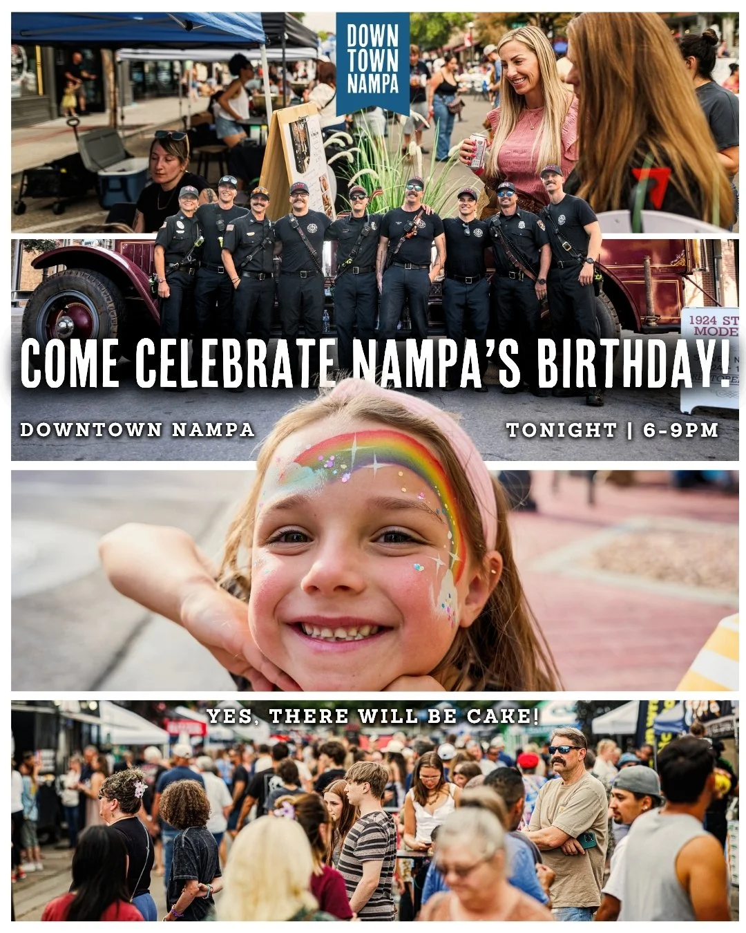 Yes, there will be cake! 🎂

Tonight is our last Third Thursday Street Festival of the season and it's going to be a party! 🎈

🥁 JR &amp; The Stingrays LIVE! 
🐴 Rideable Plush Animals 
🥳 Food trucks and vendors
🍻 Drinks on the streets
🚒 Nampa F