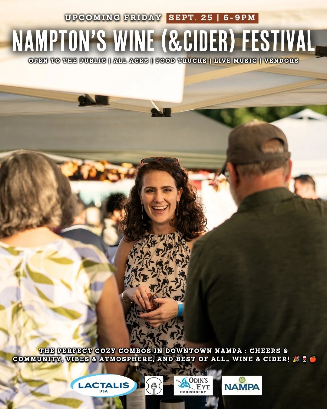 🍷 NAMPTON&rsquo;S WINE (AND CIDER) FESTIVAL IS ALMOST HERE! 🍎

📅 Friday, September 25, 2026
⏰ 6:00 PM &ndash; 9:00 PM
📍 Lloyd Square Park, Downtown Nampa
💲 FREE TO ATTEND | TASTING IS TICKETED

✨ FREE &amp; OPEN TO ALL AGES!

TOKENS CAN BE SHARE