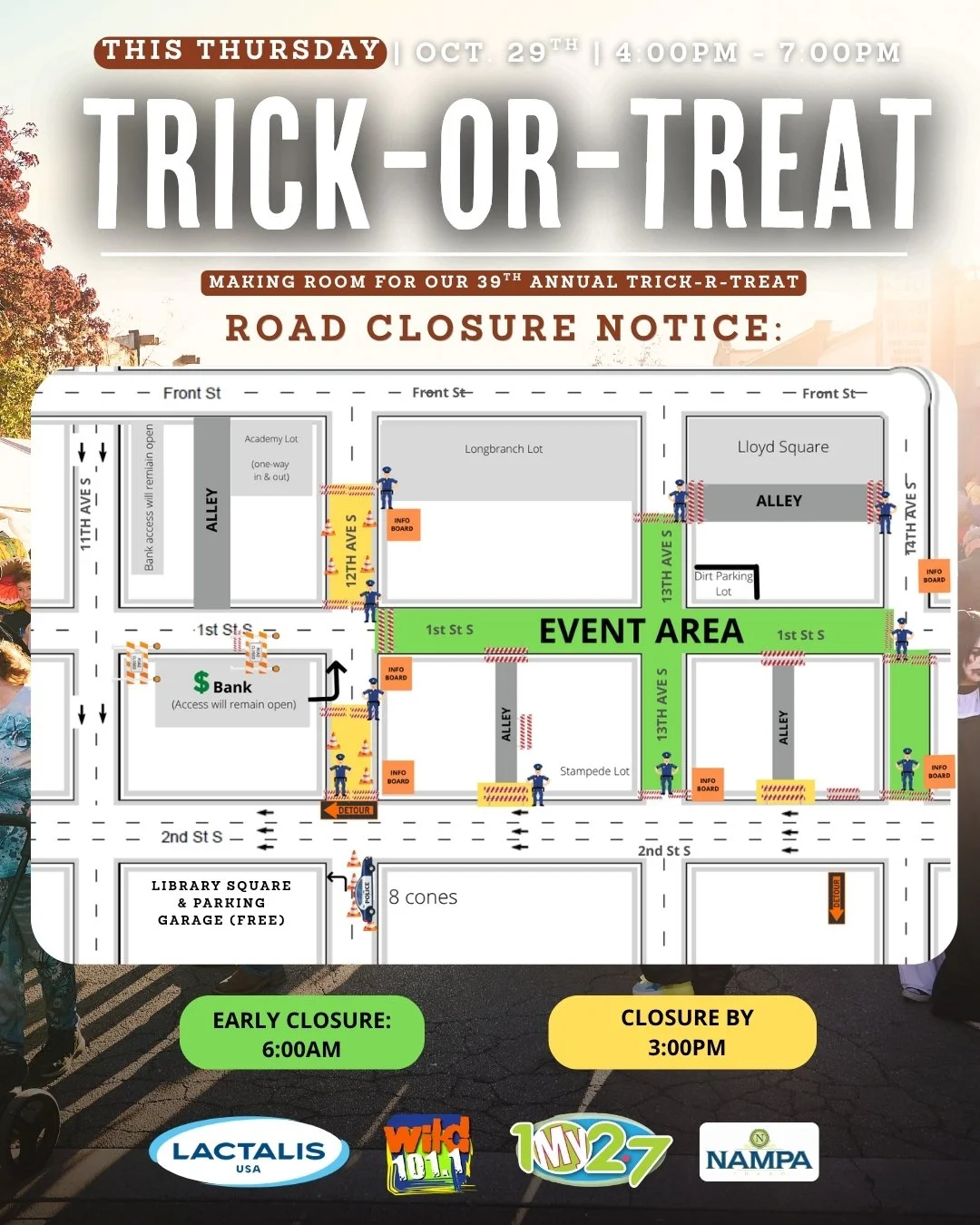 Making room for our 39th Annual Trick-or-Treat! 🎉 

Please take a moment to look through the Traffic Plan for October 29th and plan accordingly. The Parking garage will be free that day with assistance in helping you know when the garage has hit cap