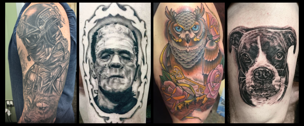Four tattoos on arms featuring different designs,