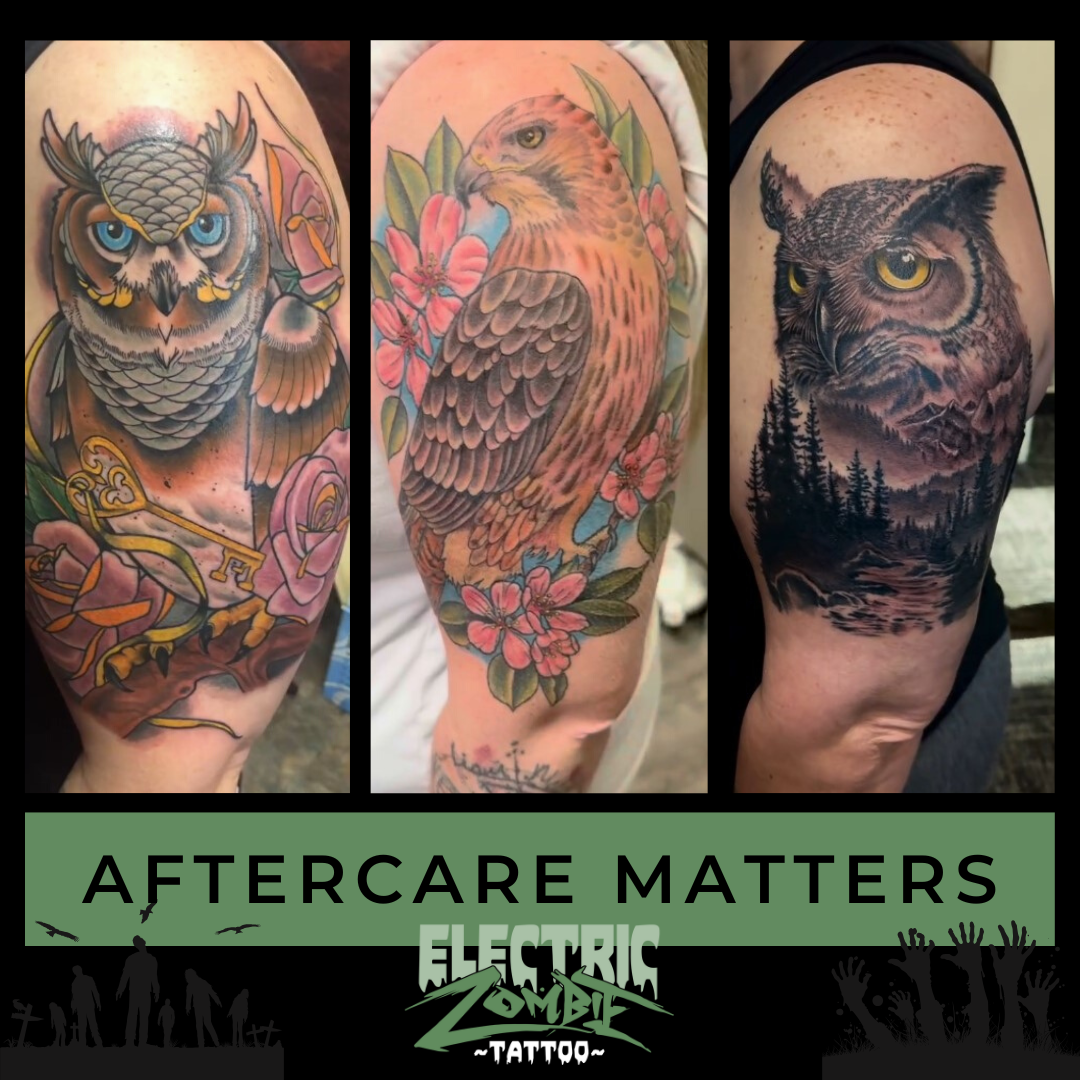 Three tattoos of owls and a hawk with nature and mountain themes, along with an 'Aftercare Matters' sign and 'Electric Zombie Tattoo' logo.