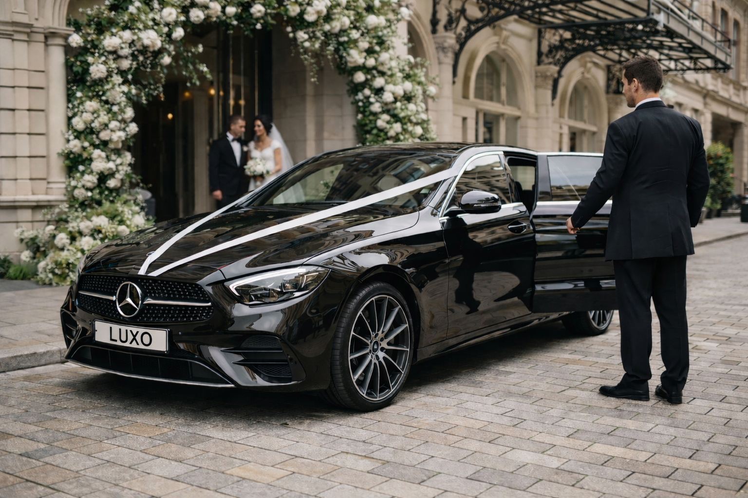 A black Mercedes-Benz car decorated with white ribbons parked outside a building with a floral archway. A man in a black suit is opening the car door, and a bride and groom are seen in the background near the entrance.