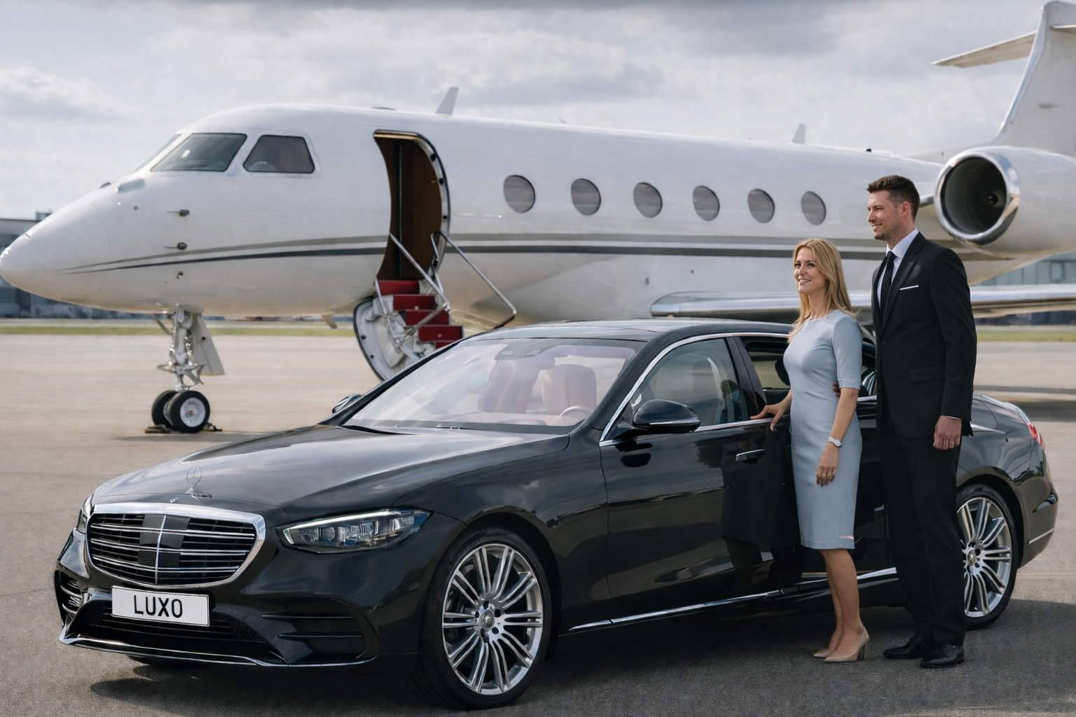 A man and woman in formal attire standing beside a black luxury car with a private jet in the background on an airport tarmac.