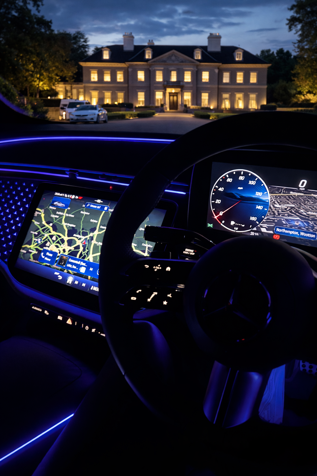 From inside a car at dusk, showing the illuminated dashboard with digital maps and speedometer, looking out at a grand, lit-up mansion with cars parked in front.