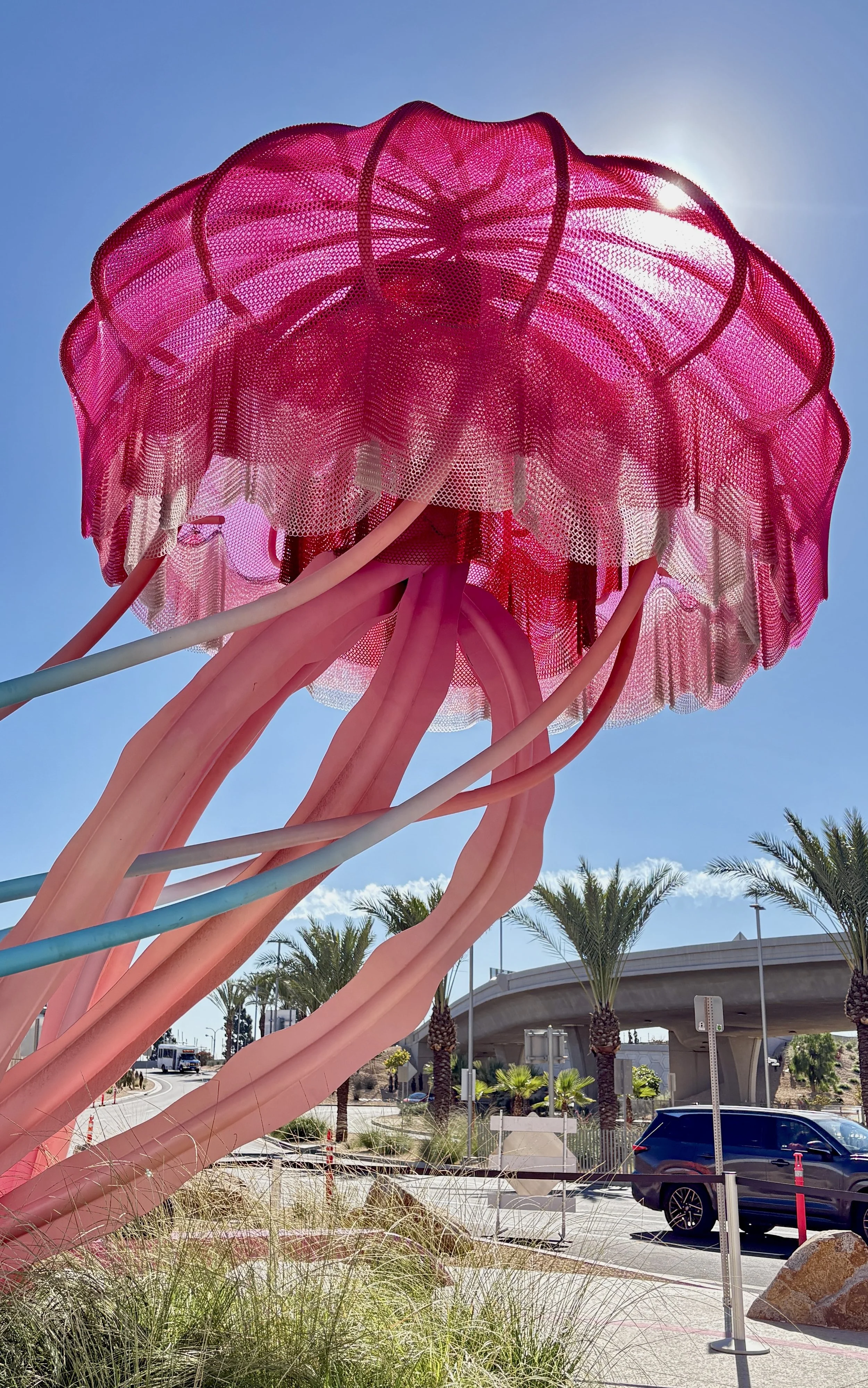 A large, colorful sculpture of a jellyfish with a pink bell and flowing pink tentacles set against a clear blue sky, with palm trees and cars in the background.