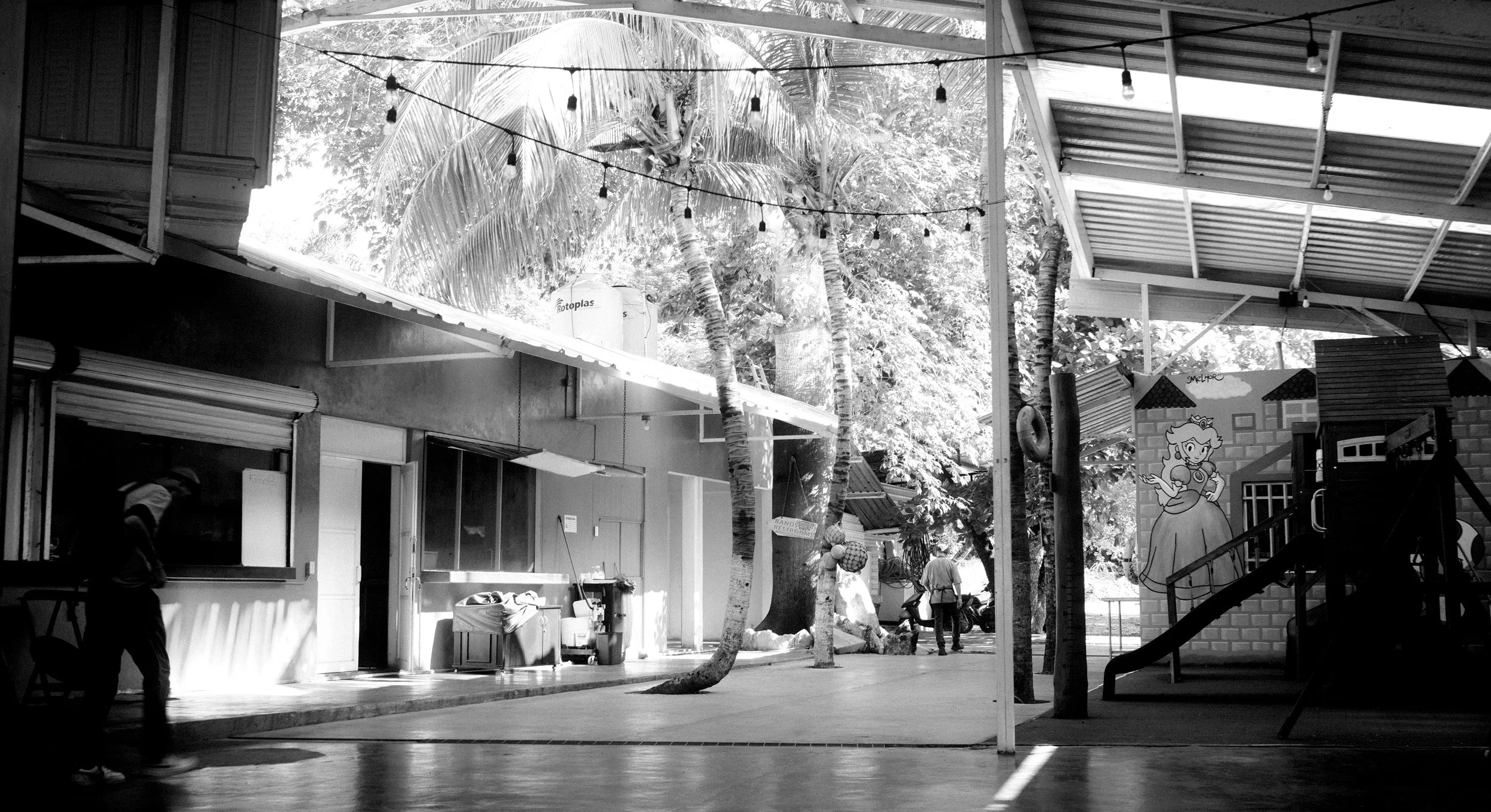 Black and white photo of an outdoor area with trees, a mural of a princess, and a man walking