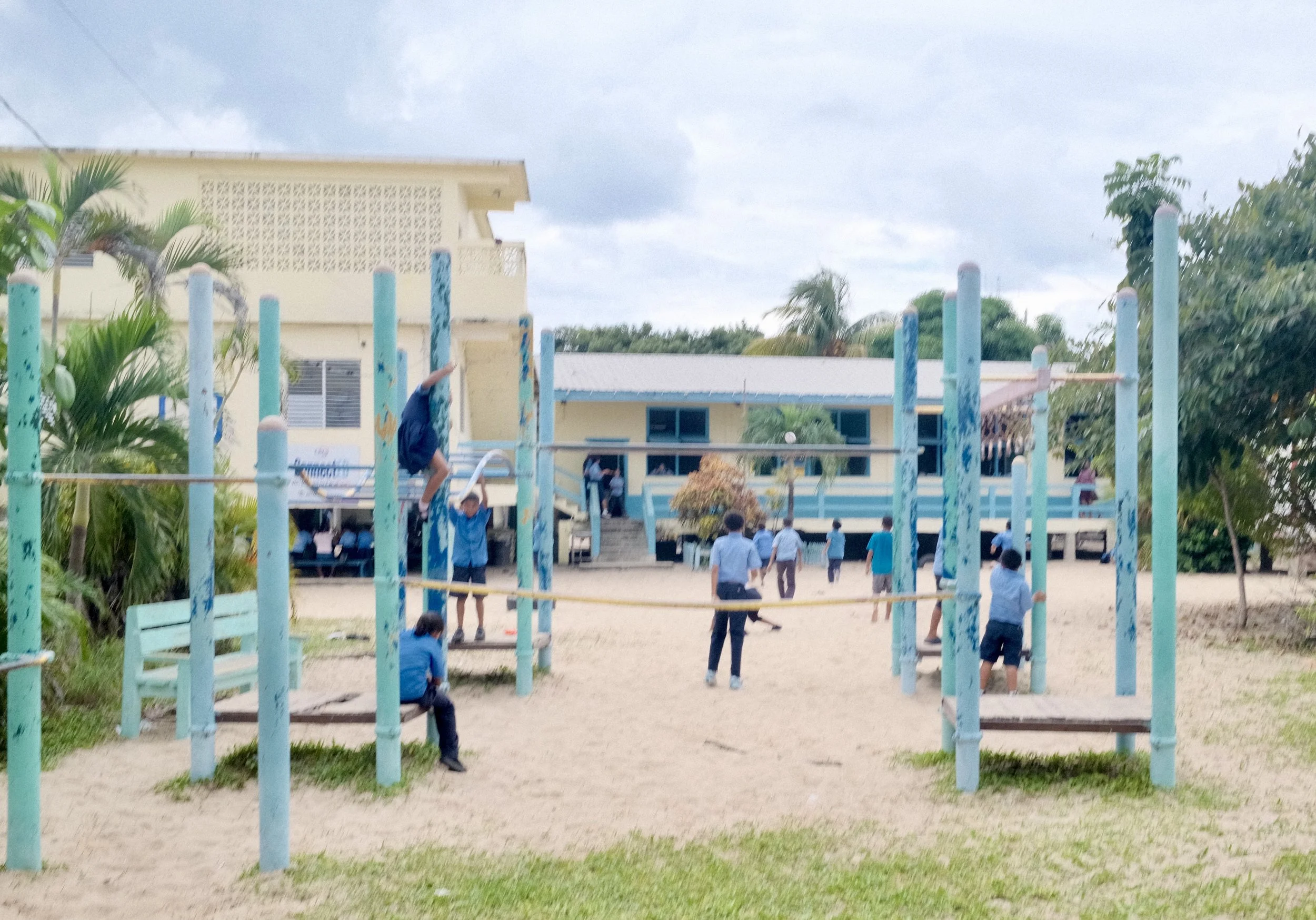 Children playing on a playground with blue wood structures near a school building, with some children climbing and others sitting on benches. The background shows trees, a building, and a cloudy sky.