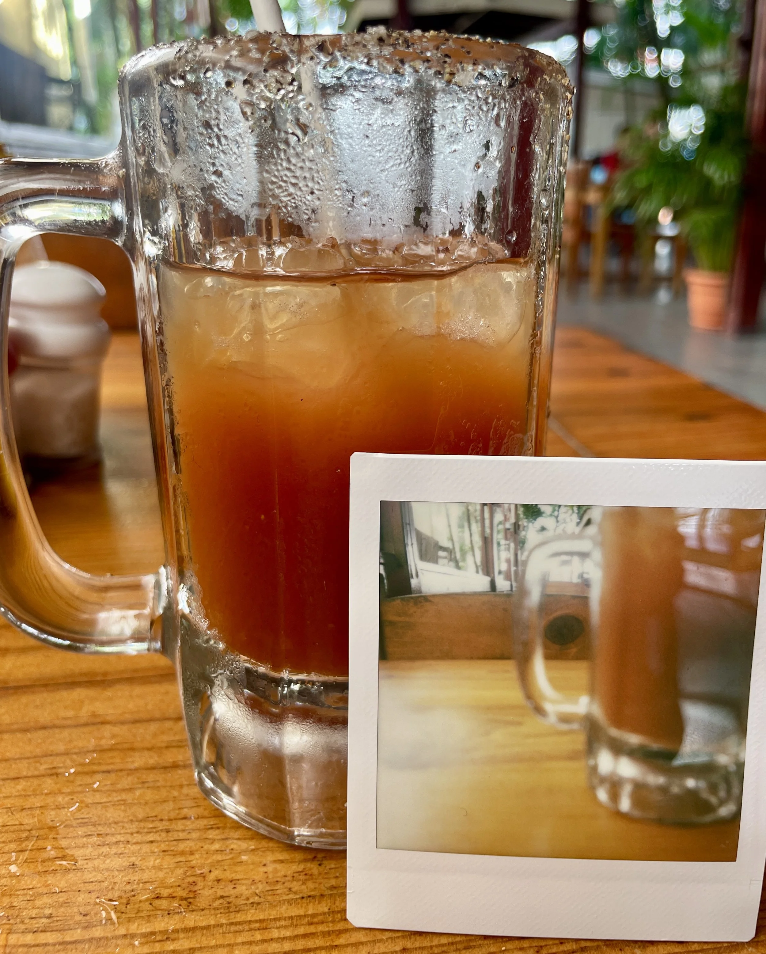 A glass mug filled with iced tea, condensation on the outside, placed on a wooden table. There is a Polaroid photo of the same mug in front of it. The background shows a cozy indoor setting with natural light, plants, and wooden furniture.