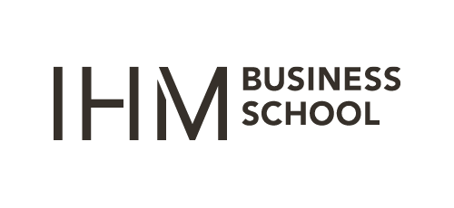 Logotyp för IHM Business School på svart bakgrund.