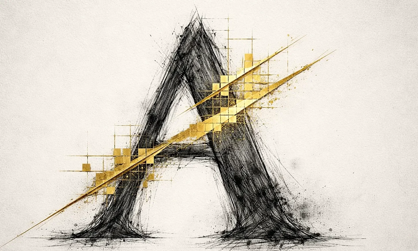 Ett konstverk som föreställer bokstaven A i en skissartad stil med svarta linjer och guldfärgade element.