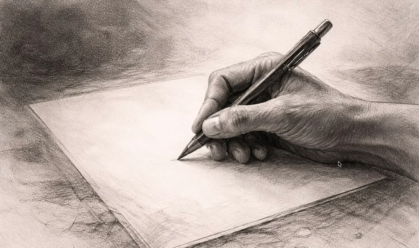 En hand håller en penna och skriver på ett tomt papper.