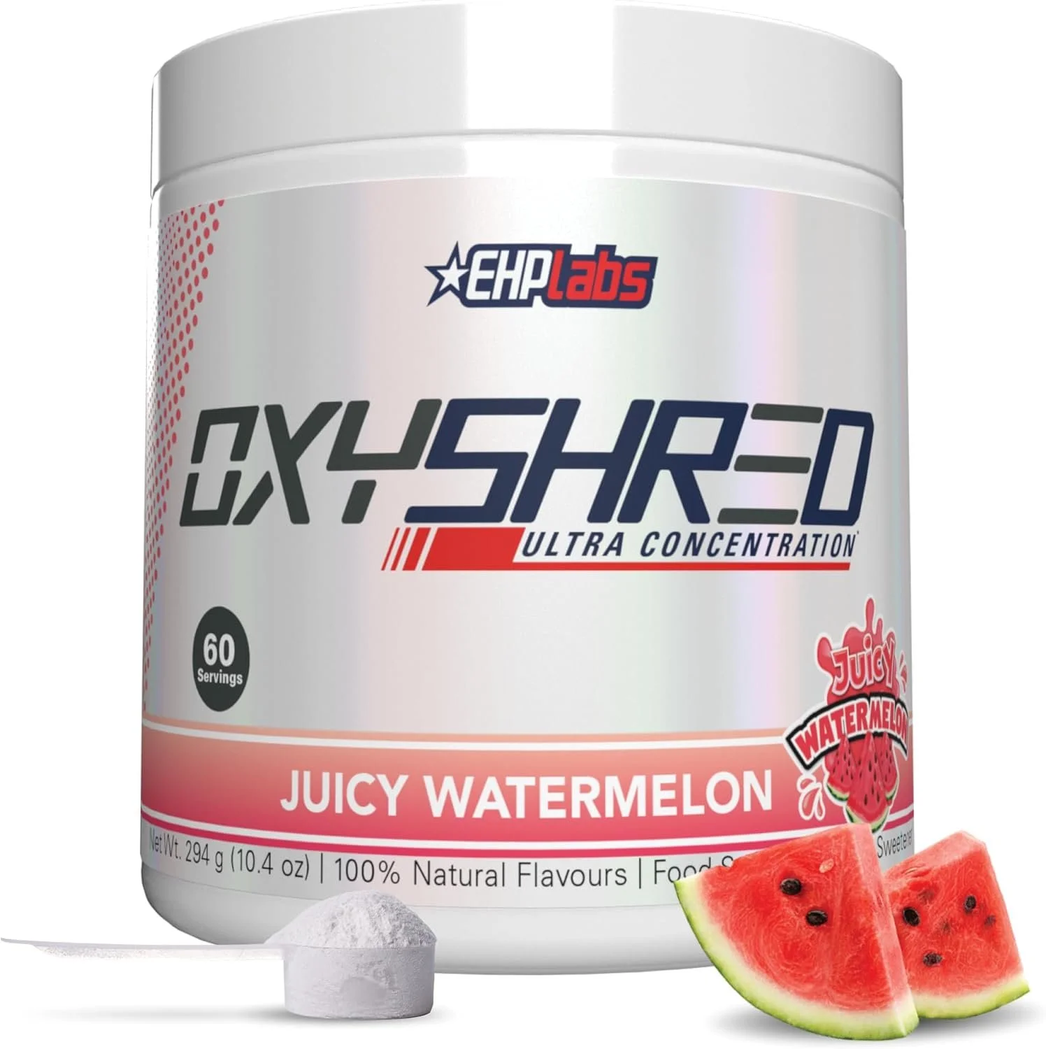 A container of EHP Labs OxysHAW 3.0 ultra concentration dietary supplement in Juicy Watermelon flavor, with a small scoop and two slices of watermelon in front.