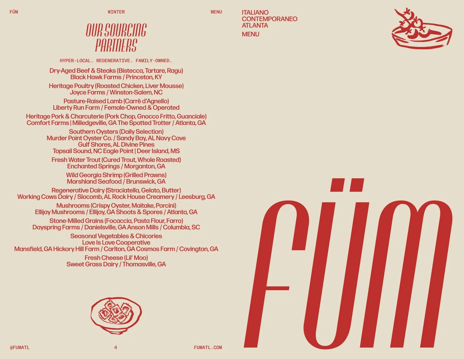 A menu listing local, family-owned farms and seafood partners in red text on a beige background, with a plate of food illustration in the top right corner and a small food bowl icon in the bottom left corner.