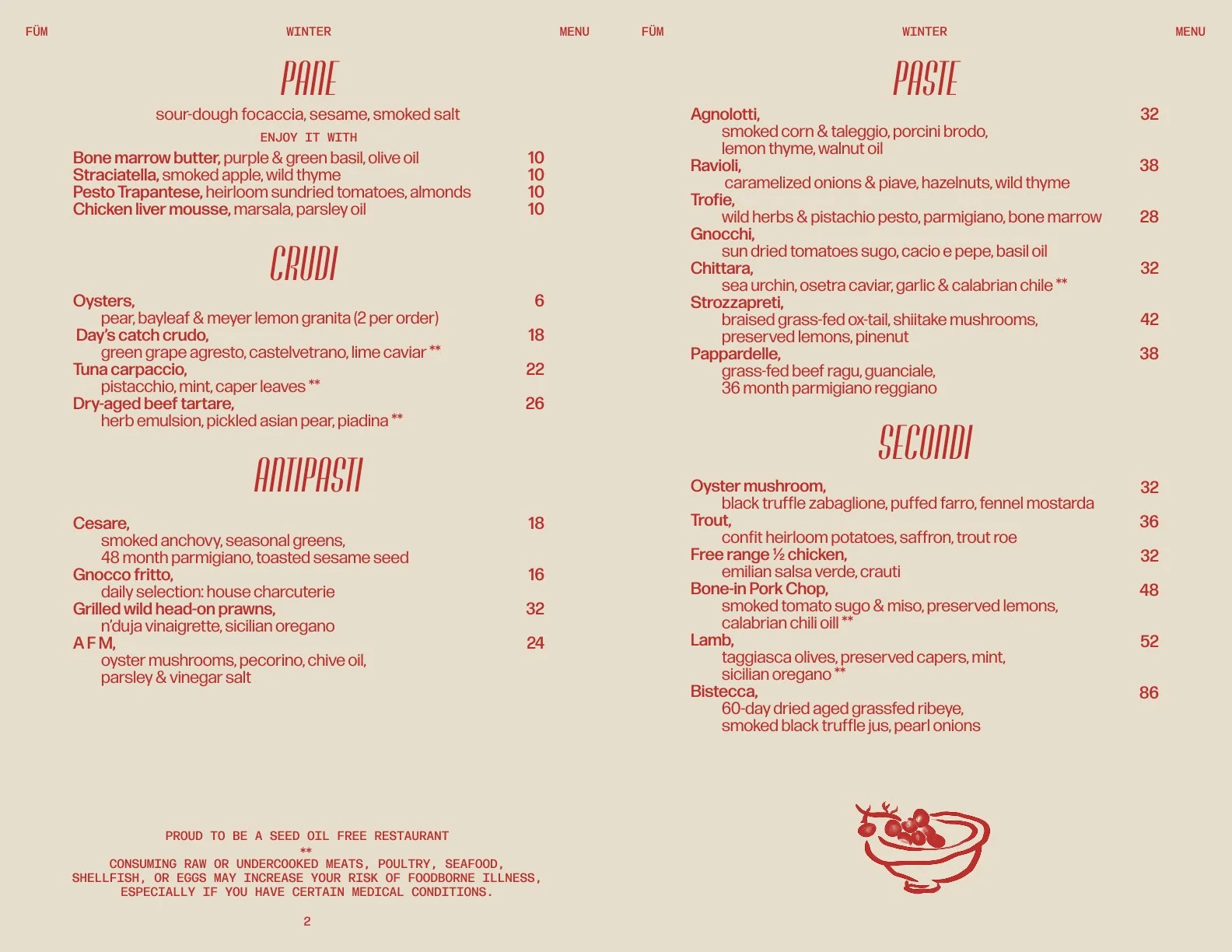 Restaurant menu with sections for bread, raw dishes, antipasti, pasta, and secondi, featuring various Italian dishes with prices.